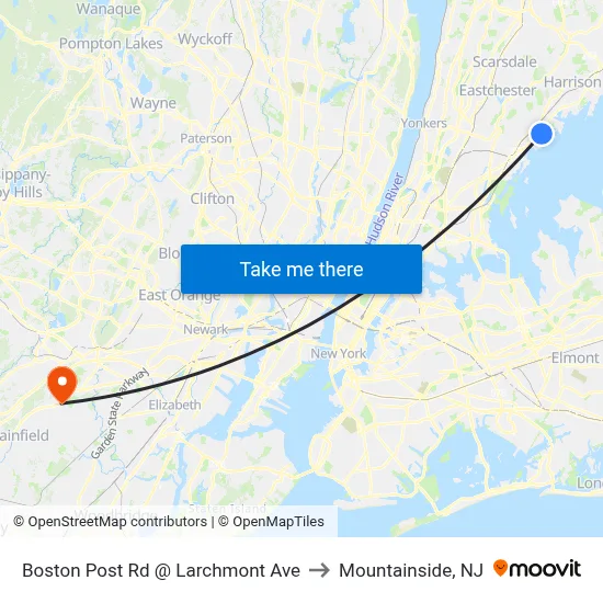 Boston Post Rd @ Larchmont Ave to Mountainside, NJ map