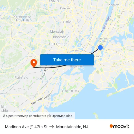 Madison Ave @ 47th St to Mountainside, NJ map