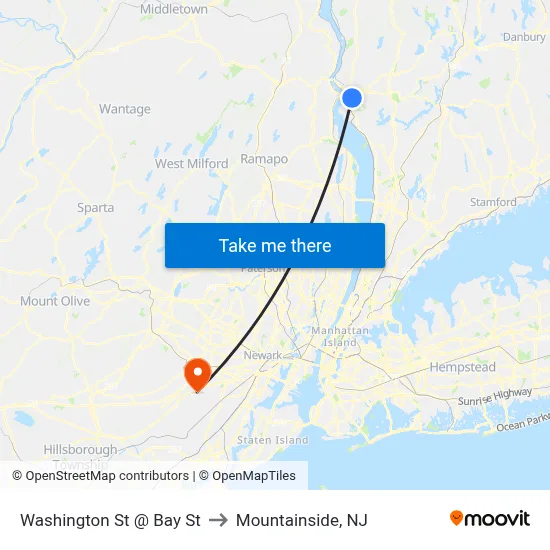 Washington St @ Bay St to Mountainside, NJ map