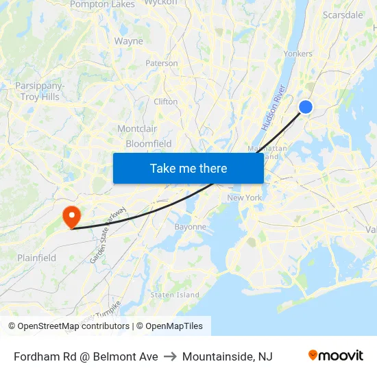 Fordham Rd @ Belmont Ave to Mountainside, NJ map