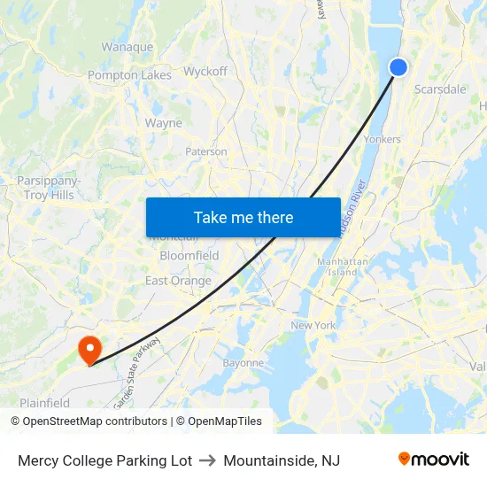 Mercy College Parking Lot to Mountainside, NJ map