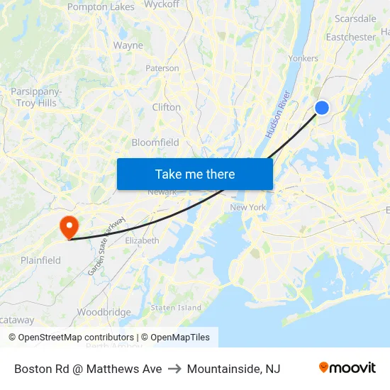Boston Rd @ Matthews Ave to Mountainside, NJ map