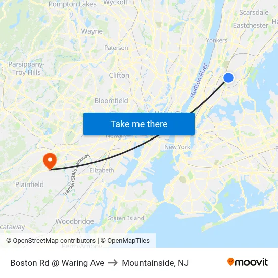 Boston Rd @ Waring Ave to Mountainside, NJ map