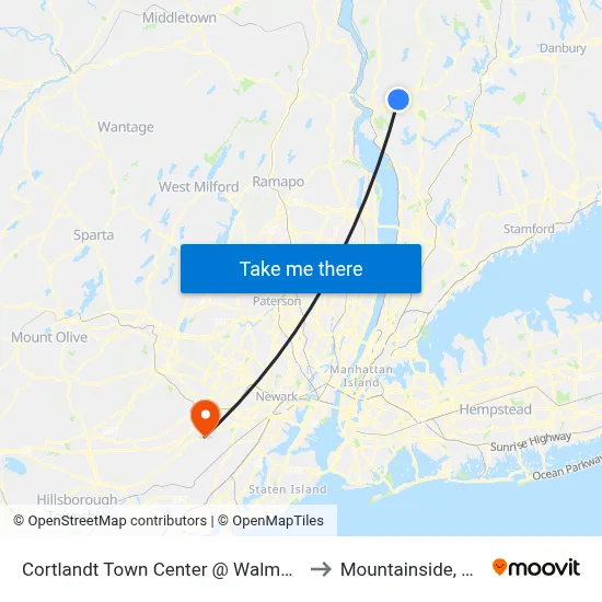 Cortlandt Town Center @ Walmart to Mountainside, NJ map
