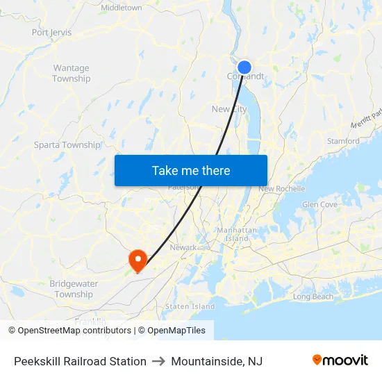 Peekskill Railroad Station to Mountainside, NJ map