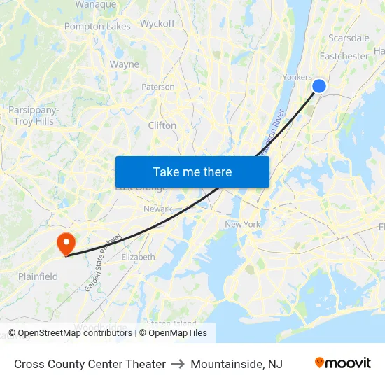 Cross County Center Theater to Mountainside, NJ map