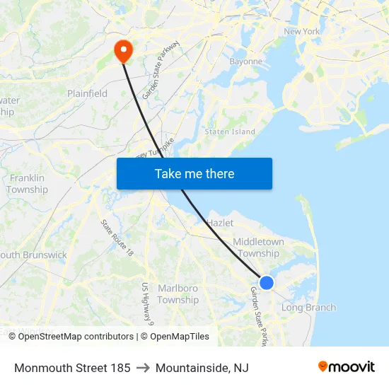 Monmouth Street 185 to Mountainside, NJ map