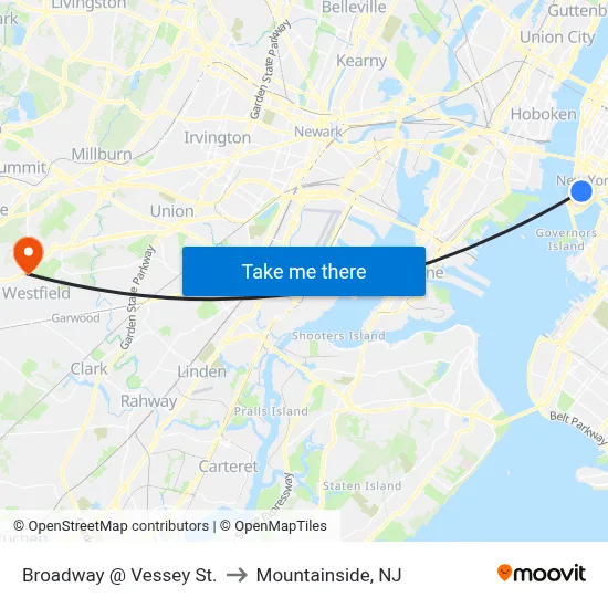 Broadway @ Vessey St. to Mountainside, NJ map