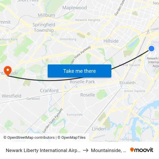 Newark Liberty International Airport to Mountainside, NJ map