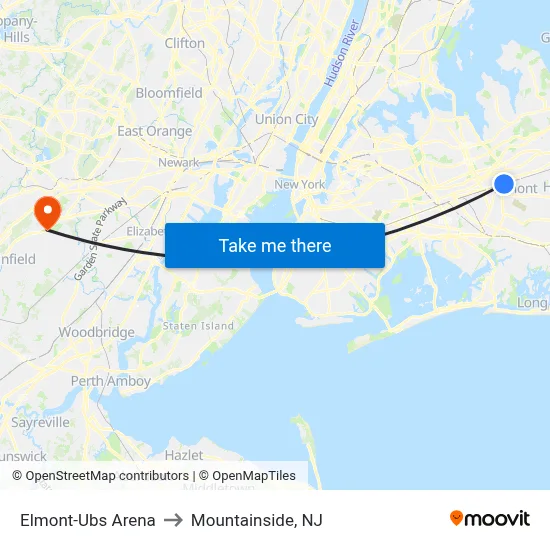 Elmont-Ubs Arena to Mountainside, NJ map