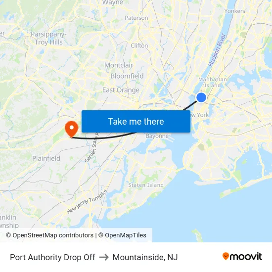 Port Authority Drop Off to Mountainside, NJ map