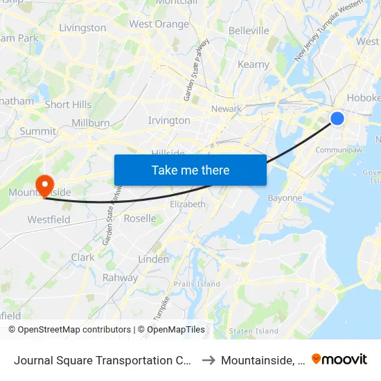 Journal Square Transportation Center to Mountainside, NJ map