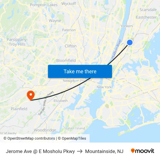 Jerome Ave @ E Mosholu Pkwy to Mountainside, NJ map