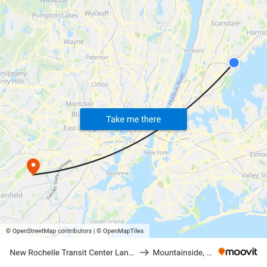 New Rochelle Transit Center Lane D to Mountainside, NJ map