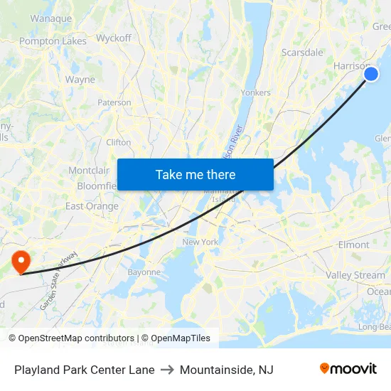 Playland Park Center Lane to Mountainside, NJ map