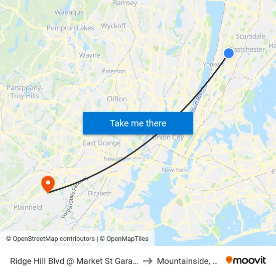 Ridge Hill Blvd @ Market St Garage to Mountainside, NJ map