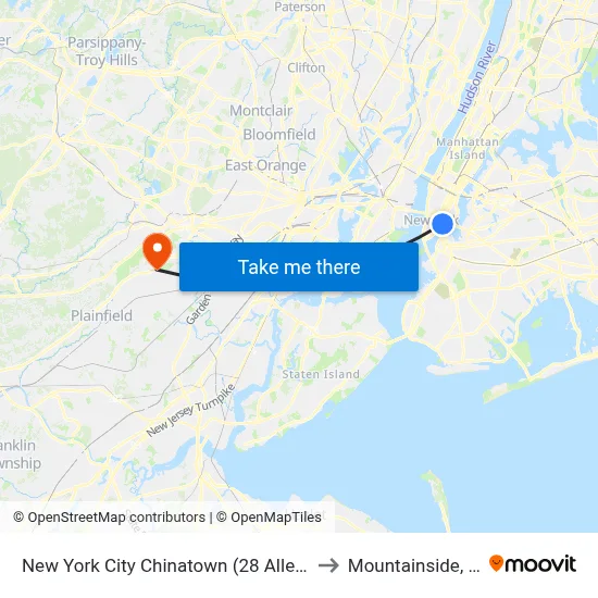 New York City Chinatown (28 Allen St) to Mountainside, NJ map