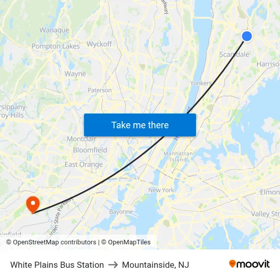 White Plains Bus Station to Mountainside, NJ map