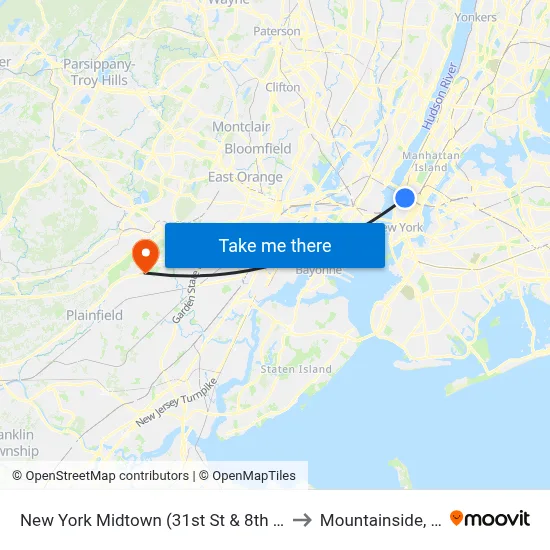 New York Midtown (31st St & 8th Ave) to Mountainside, NJ map