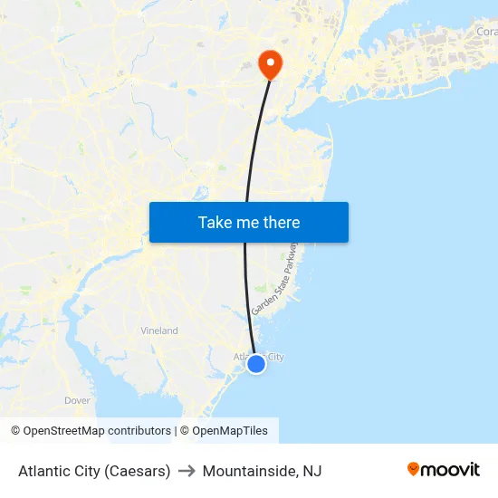 Atlantic City (Caesars) to Mountainside, NJ map