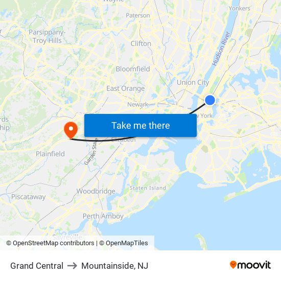Grand Central to Mountainside, NJ map