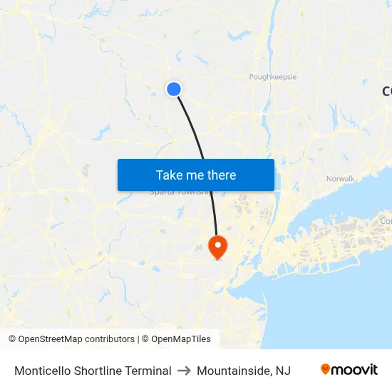 Monticello Shortline Terminal to Mountainside, NJ map