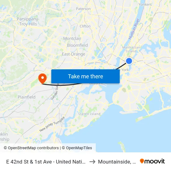 E 42nd St & 1st Ave - United Nations to Mountainside, NJ map