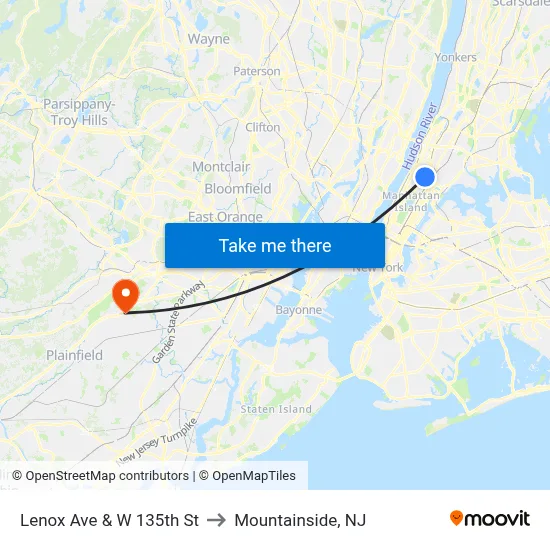 Lenox Ave & W 135th St to Mountainside, NJ map