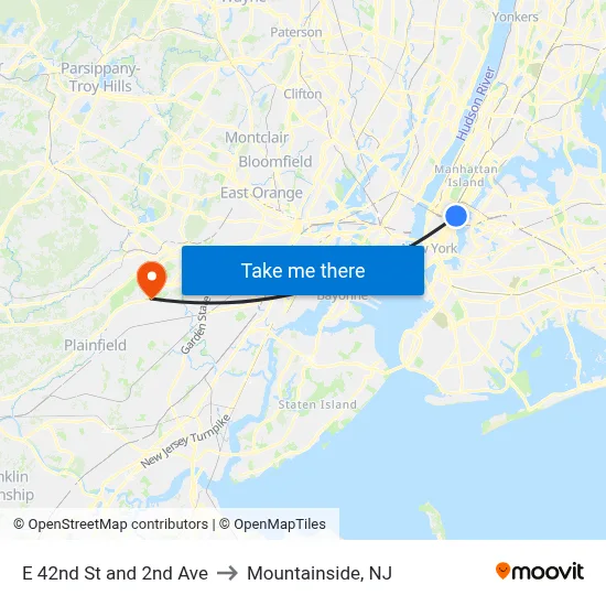 E 42nd St and 2nd Ave to Mountainside, NJ map