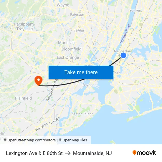 Lexington Ave & E 86th St to Mountainside, NJ map