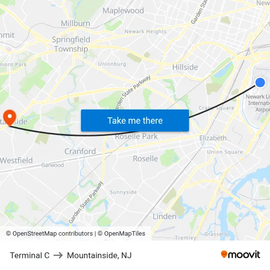 Terminal C to Mountainside, NJ map