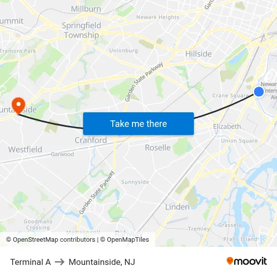 Terminal A to Mountainside, NJ map