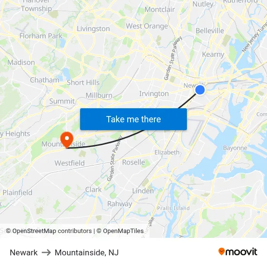 Newark to Mountainside, NJ map