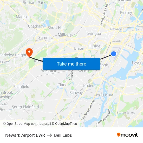 Newark Airport EWR to Bell Labs map