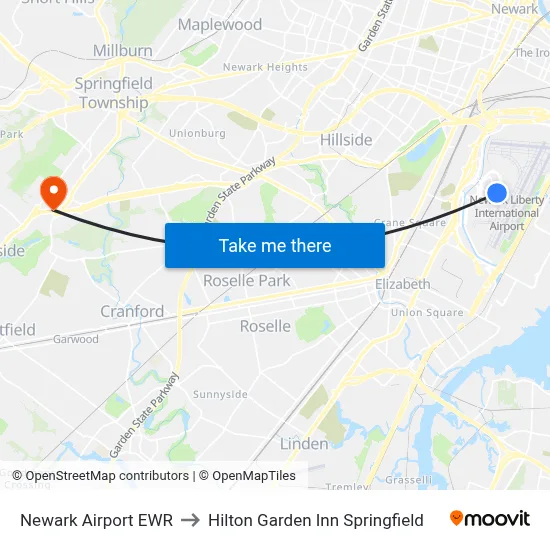 Newark Airport EWR to Hilton Garden Inn Springfield map