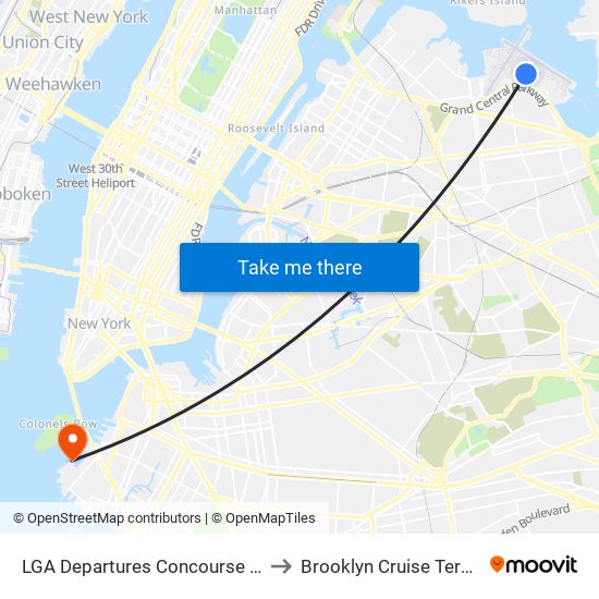 LGA Departures Concourse A & B to Brooklyn Cruise Terminal map