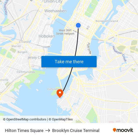 Hilton Times Square to Brooklyn Cruise Terminal map
