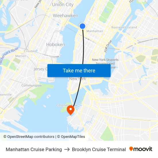 Manhattan Cruise Parking to Brooklyn Cruise Terminal map