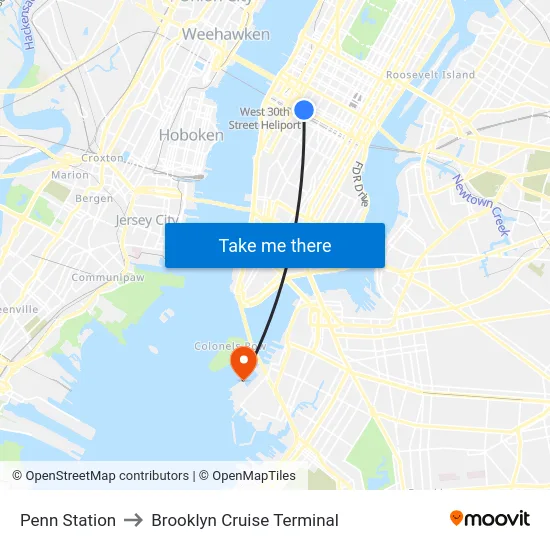 Penn Station to Brooklyn Cruise Terminal map