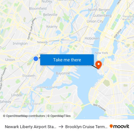 Newark Liberty Airport Station to Brooklyn Cruise Terminal map