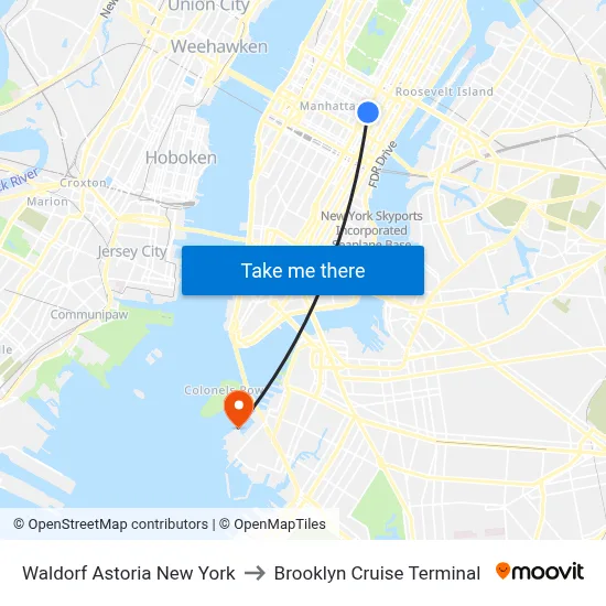 Waldorf Astoria New York to Brooklyn Cruise Terminal map