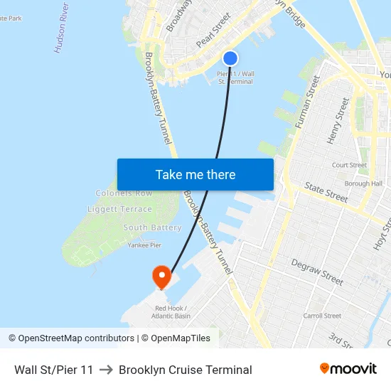 Wall St/Pier 11 to Brooklyn Cruise Terminal map