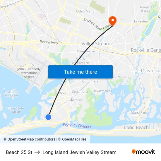 Beach 25 St to Long Island Jewish Valley Stream map