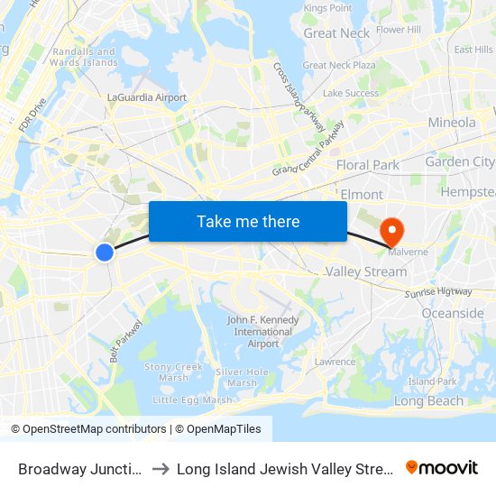 Broadway Junction to Long Island Jewish Valley Stream map