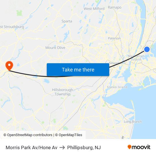 Morris Park Av/Hone Av to Phillipsburg, NJ map