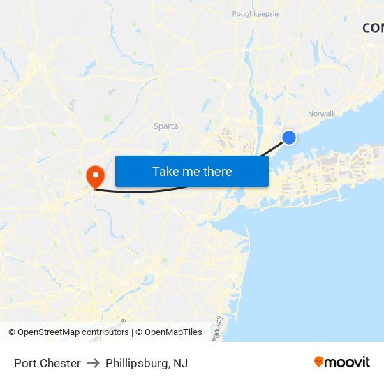 Port Chester to Phillipsburg, NJ map