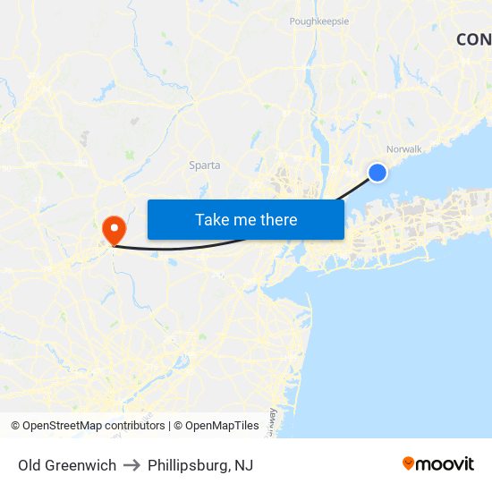 Old Greenwich to Phillipsburg, NJ map