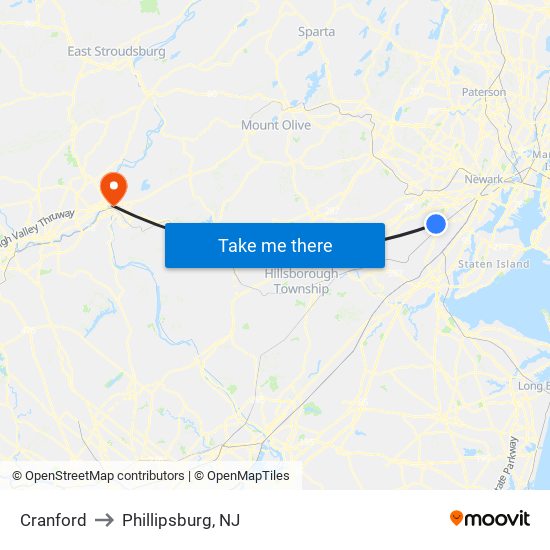 Cranford to Phillipsburg, NJ map
