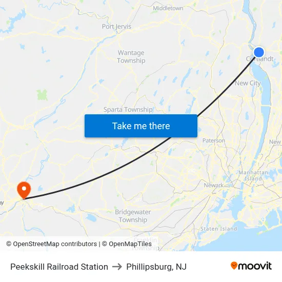 Peekskill Railroad Station to Phillipsburg, NJ map