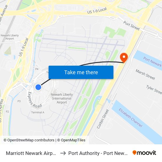 Marriott Newark Airport to Port Authority - Port Newark map